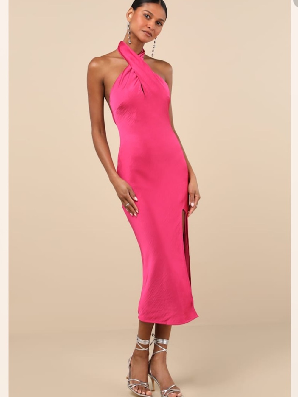 Lulu's Beyond Classy Hot Pink Satin Halter Midi Dress Size XL NWTS